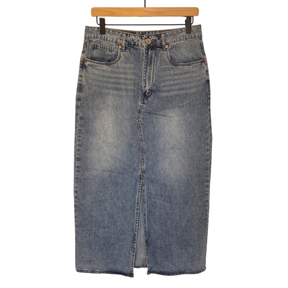 BlankNYC Distressed Wash Denim Maxi Skirt w Front Slit 5 Pocket Design size 28